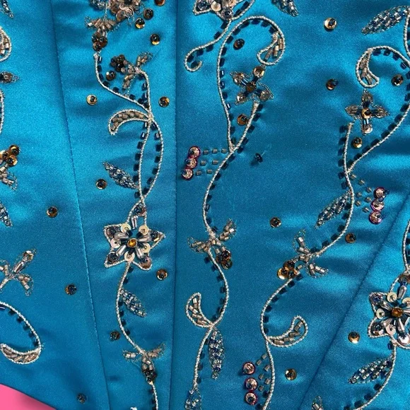 Vintage 1990s y2k Tiffany Designs Blue Hand Beaded Satin Corset Top Size 6 - Picture 3 of 5